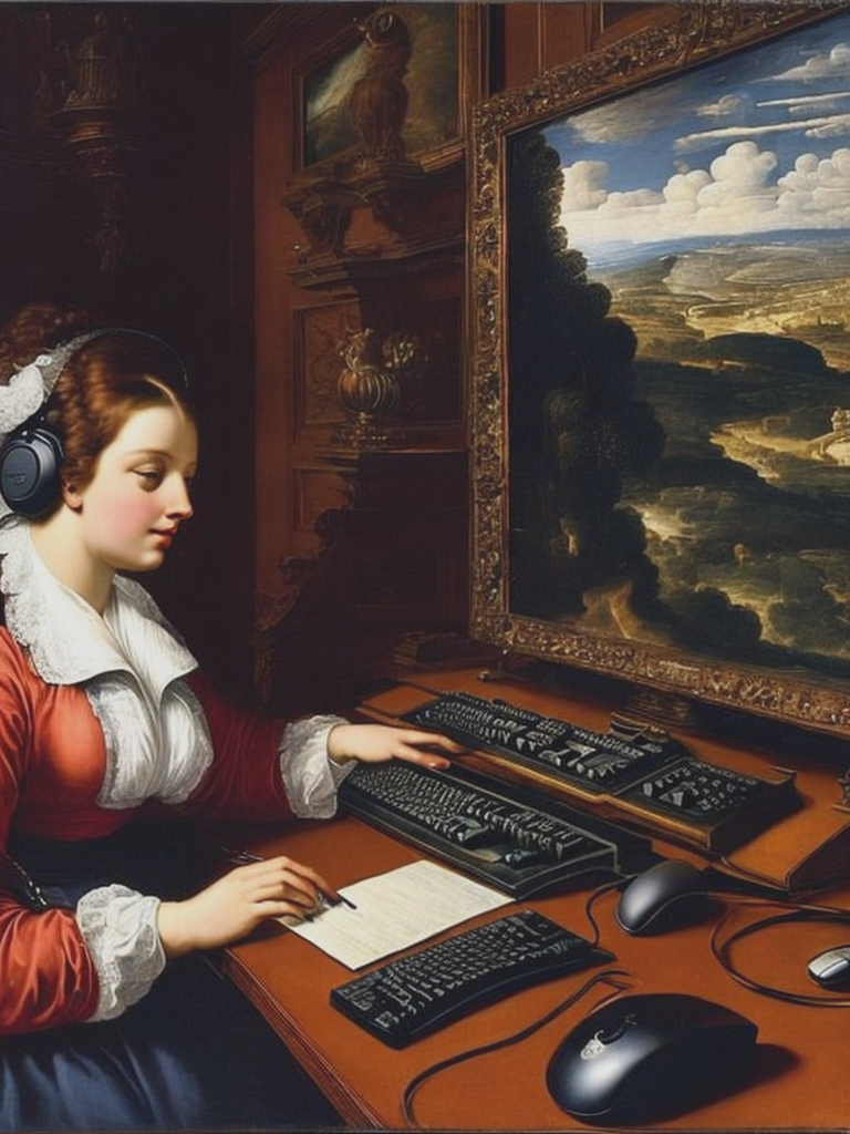 09261-519100361-reates an ancient painting in Tintoretto syle, that depict a woman working in the office with computer, keyboard, mouse and head.png